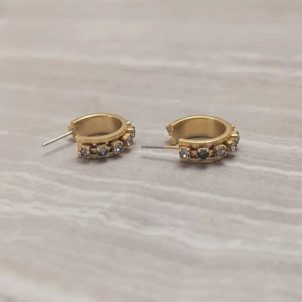 Vintage Stud Earrings Gold Tone Hoops with Clear Gems